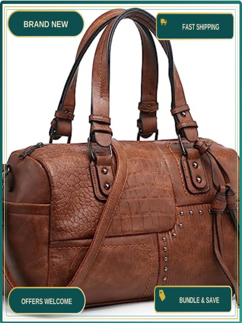 Vegan Leather Barrel Satchel Hobo Top Handle Work Tote Shoulder Bag